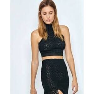 🖤 ALEXIS Janek Black Lace Mesh Crop Halter Top High Neck Size Medium